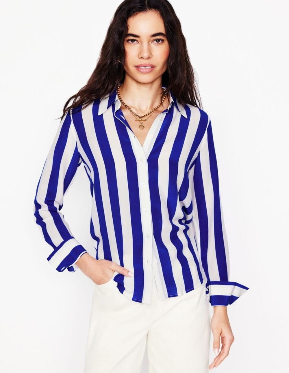 NWT Boden Sienna Silk Shirt Button Front Blouse Royal Blue White Stripes Sz 4P